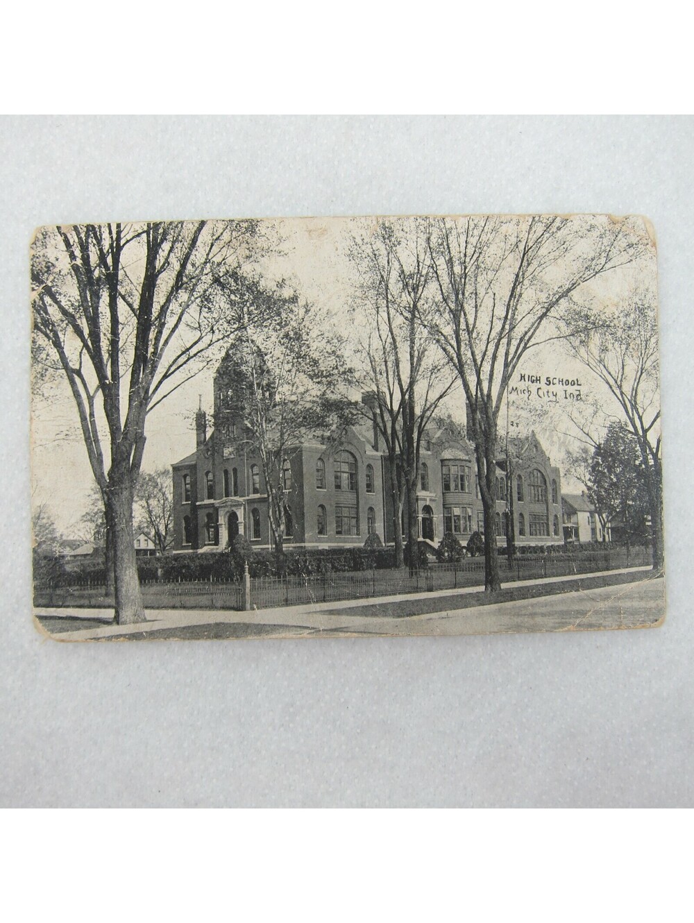 Antique 1907 Michigan City Indiana High School Building & Street Scene Postcard